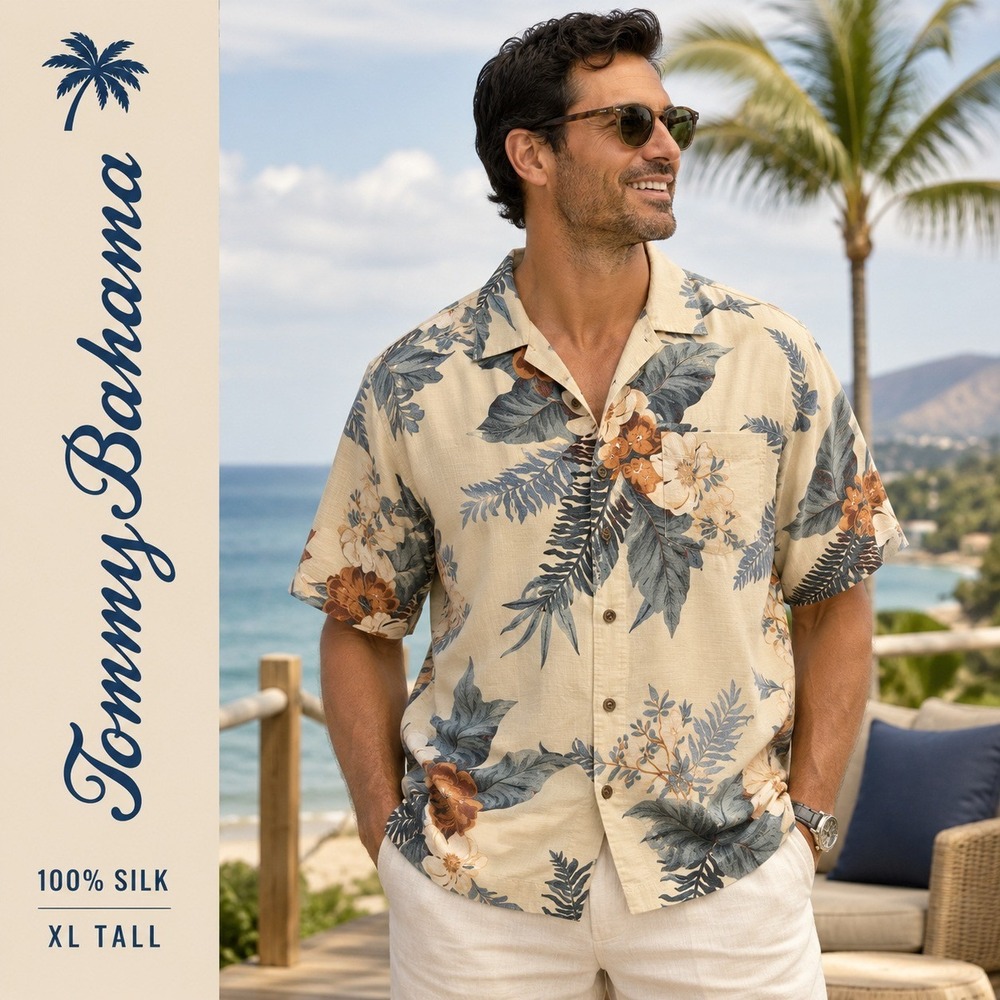 Tommy Bahama‎ 100% Silk Camp Shirt XL Tall Cream Hawaiian Floral Tropical Aloha